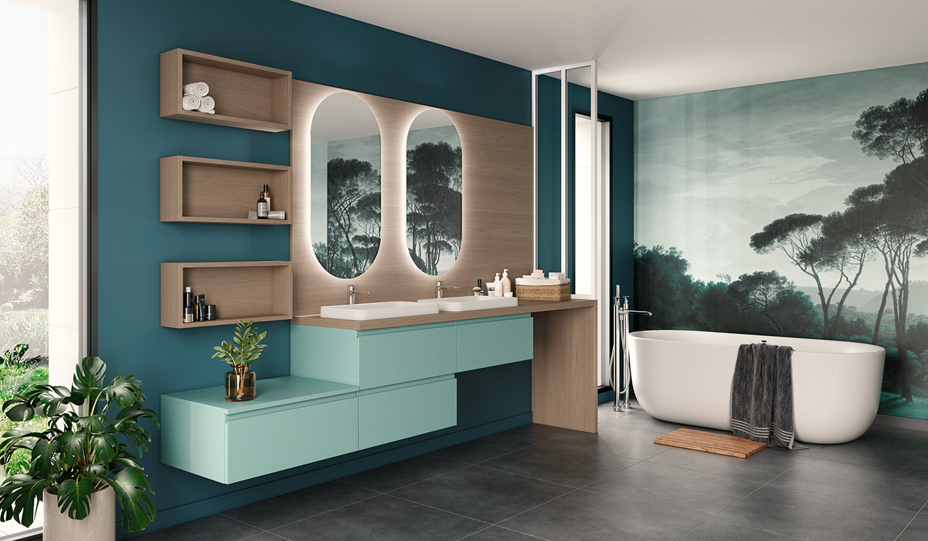 Salle de bain bleu et bois