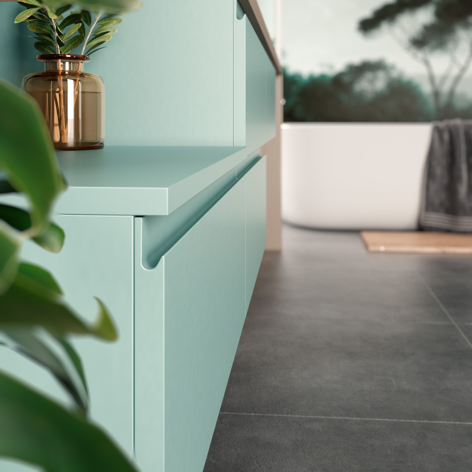 Salle de bain bleue et bois