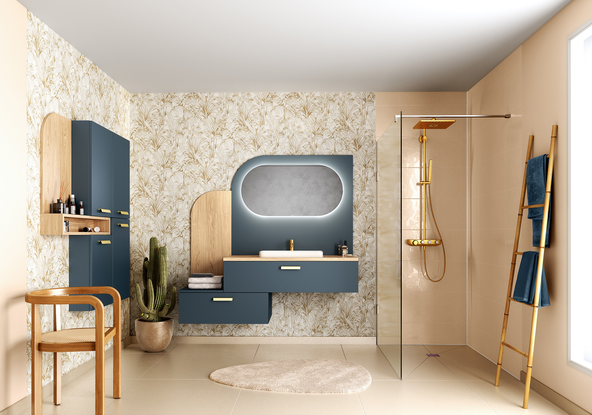 Salle de bain bleu et chêne