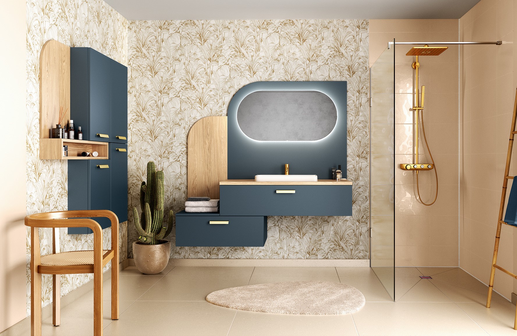 Salle de bain bleu et chêne