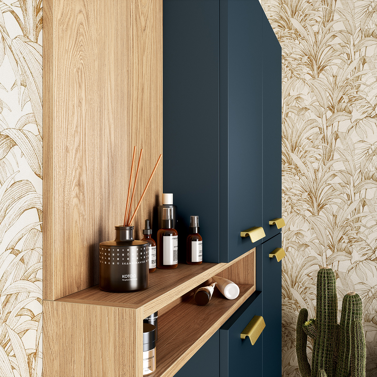 Salle de bain bleu et chêne